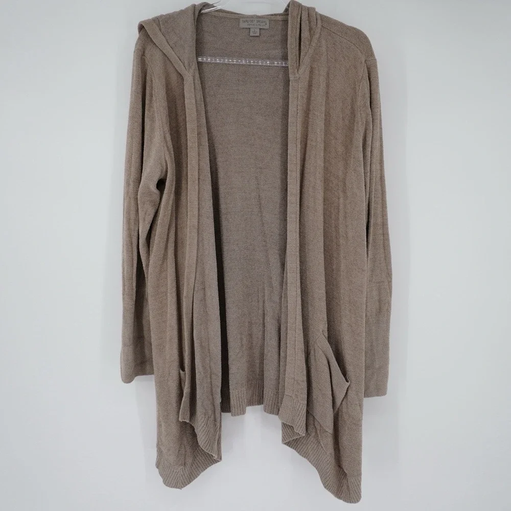 Barefoot Dreams Resort Cozychic Lite Hoodie Cardigan Light Brown Long Open Large